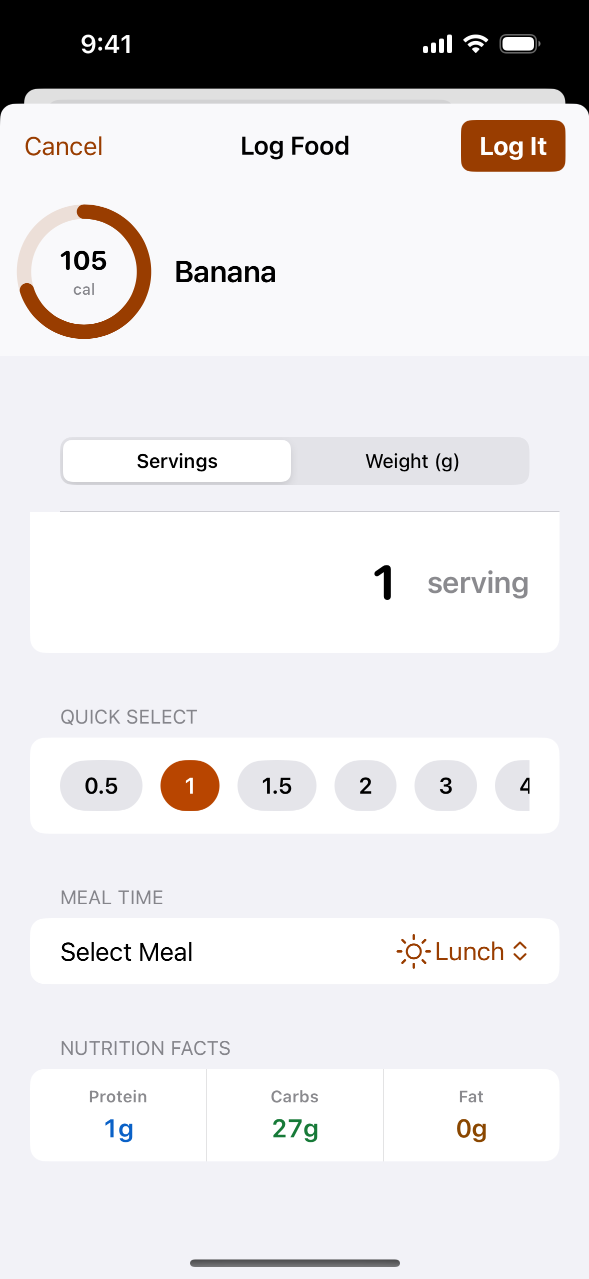 Nomva Log Food screen for a banana with one serving selected, Lunch as the meal, and a 105-calorie estimate before Log It.
