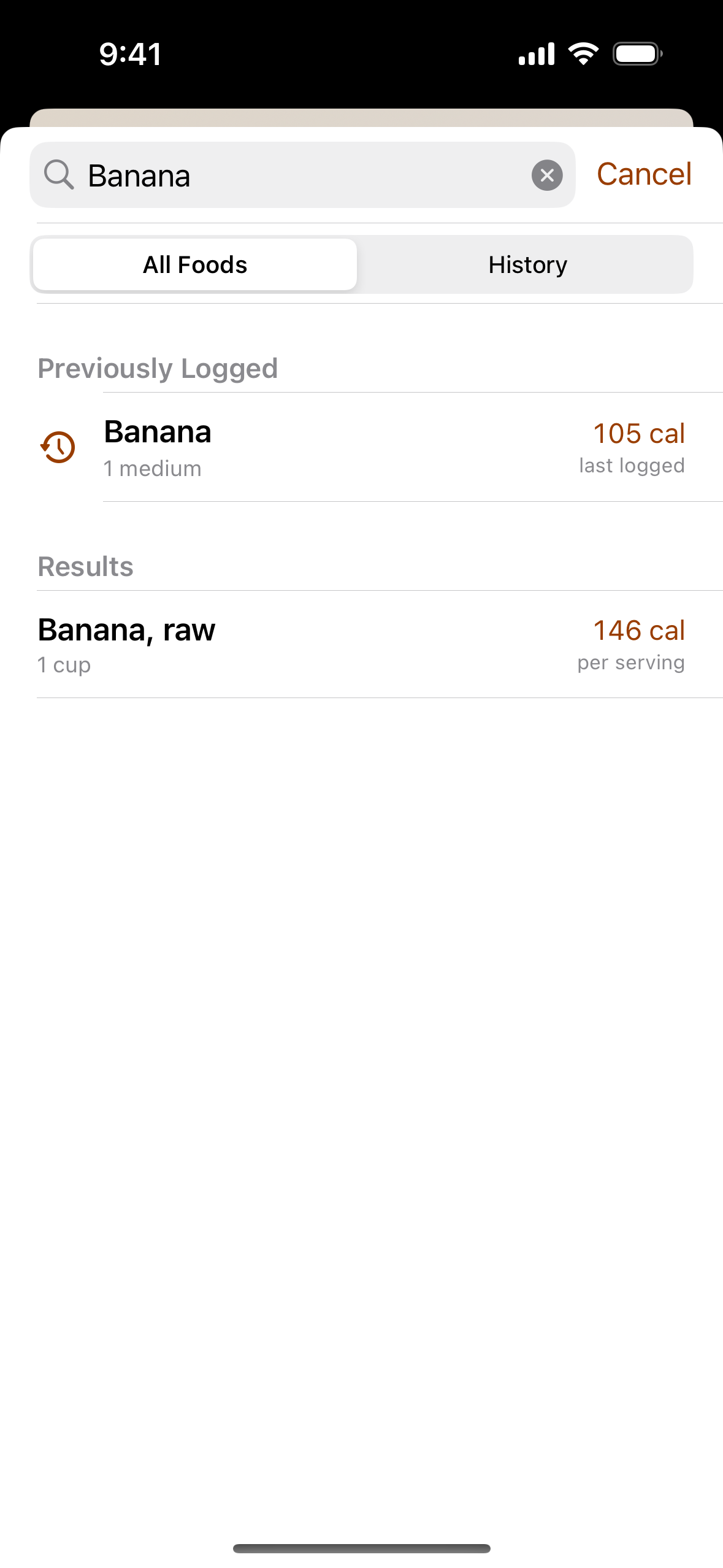 Nomva search for Banana: a previously logged one-medium banana shows 105 calories, and a separate one-cup raw banana result shows 146 calories.